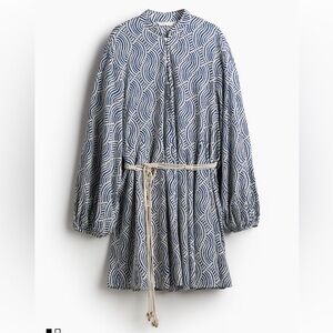H&M Patterned Long-Sleeve Tie-Waist Mini Dress
